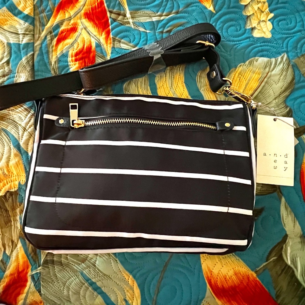 NWT A New Day Small Crossbody Nylon Handbag Black & White Stripes